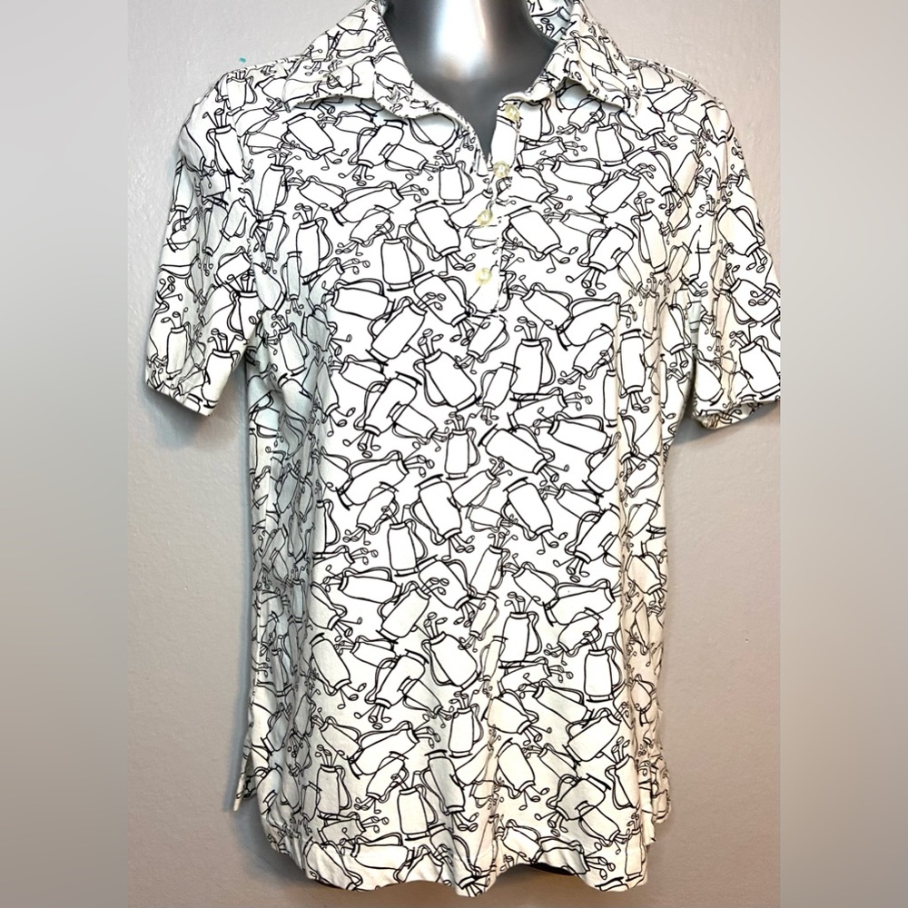 Women’s golf polo. Black and white golf bag print. Size Small.